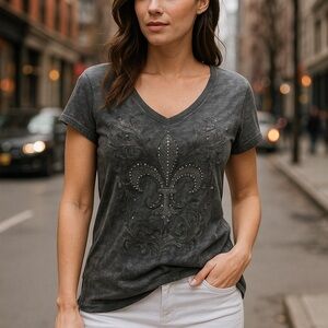 Rock & Republic GRAPHIC EMBLISHED DARK GRAY V NECK RIBBED T SHIRT NWOT SIZE L